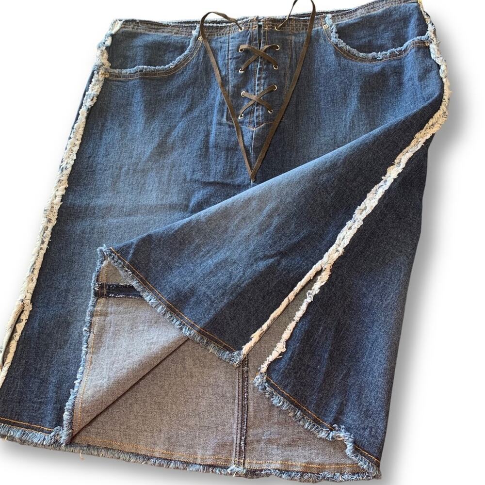 Women’s Size 18 Y2K Stretch Denim Leather Suede Lace up Skirt Casual Everyday